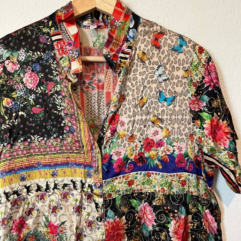 Johnny Was Silk Patchwork Floral Button Down Tuni… - image 2
